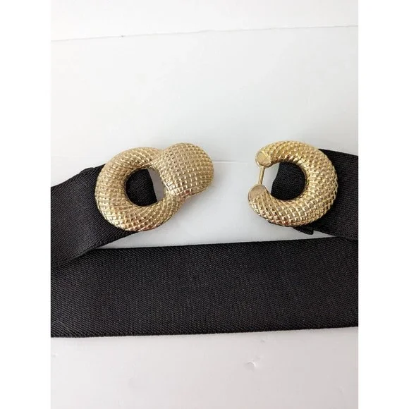 Vintage Motion East Black Elastic Stretch Belt Gold Detail Hook Closure 80s 90s - Picture 3 of 5